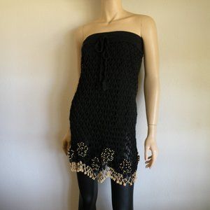 Black Boho Strapless Crochet Beaded Top Sz XS